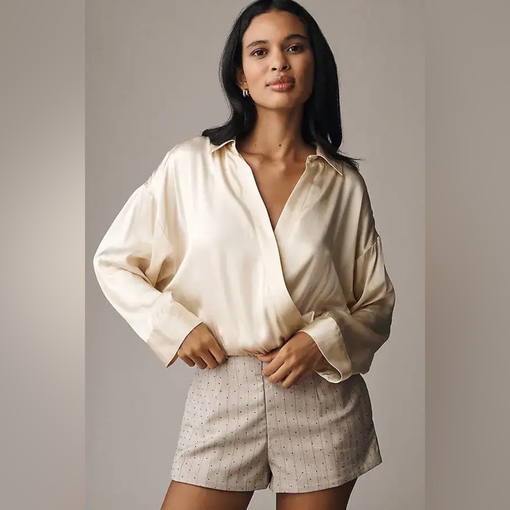 Anthropologie Maeve Long Sleeve Satin Twofer Romper